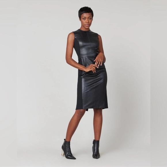 SPANX Leather like combo fit luxe Sheath black Vegan Leather Stretch Dress NWT - Picture 1 of 13